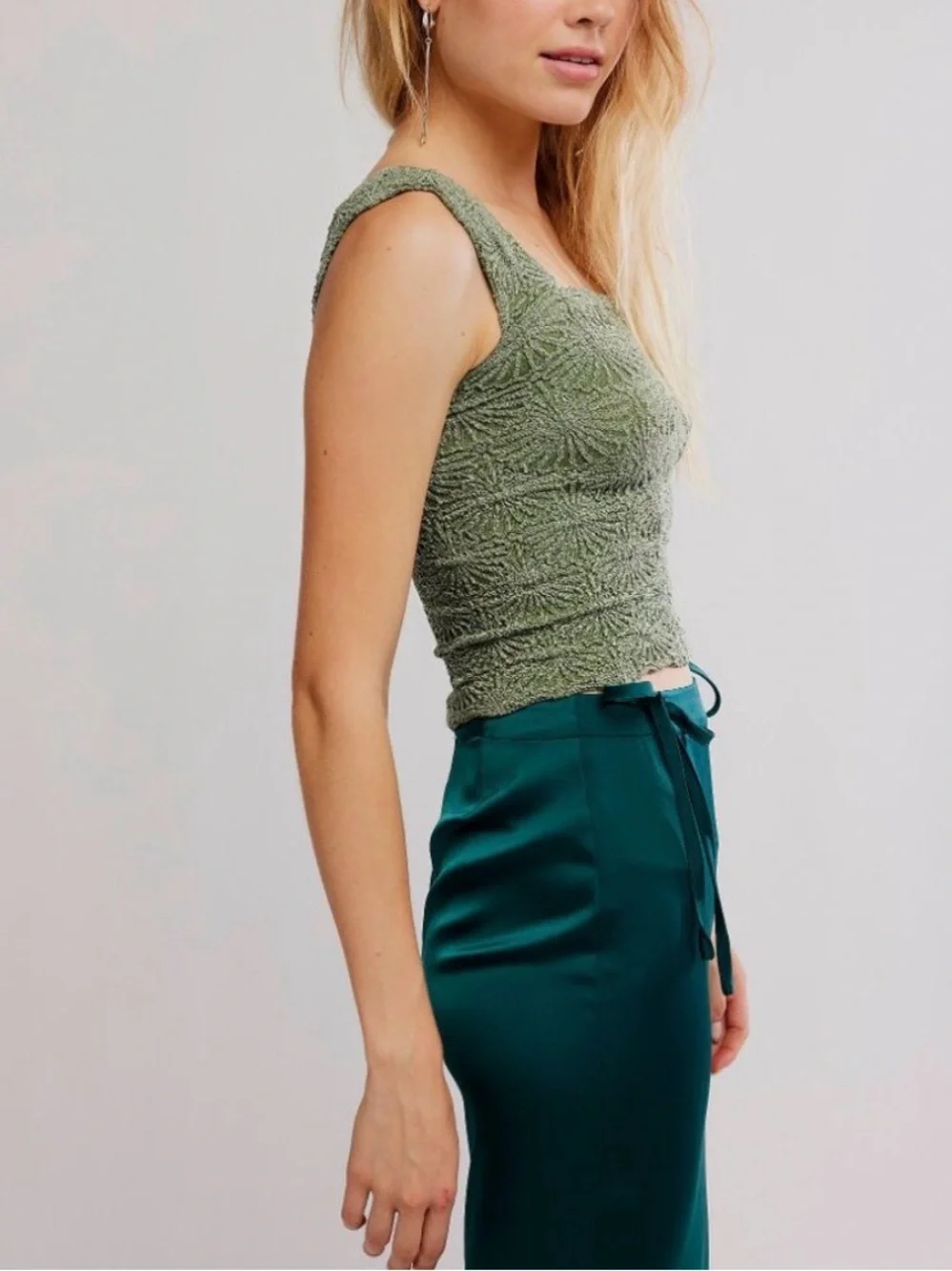 Free People Elm Green Crochet Square-Neck Tank M/L NWOT